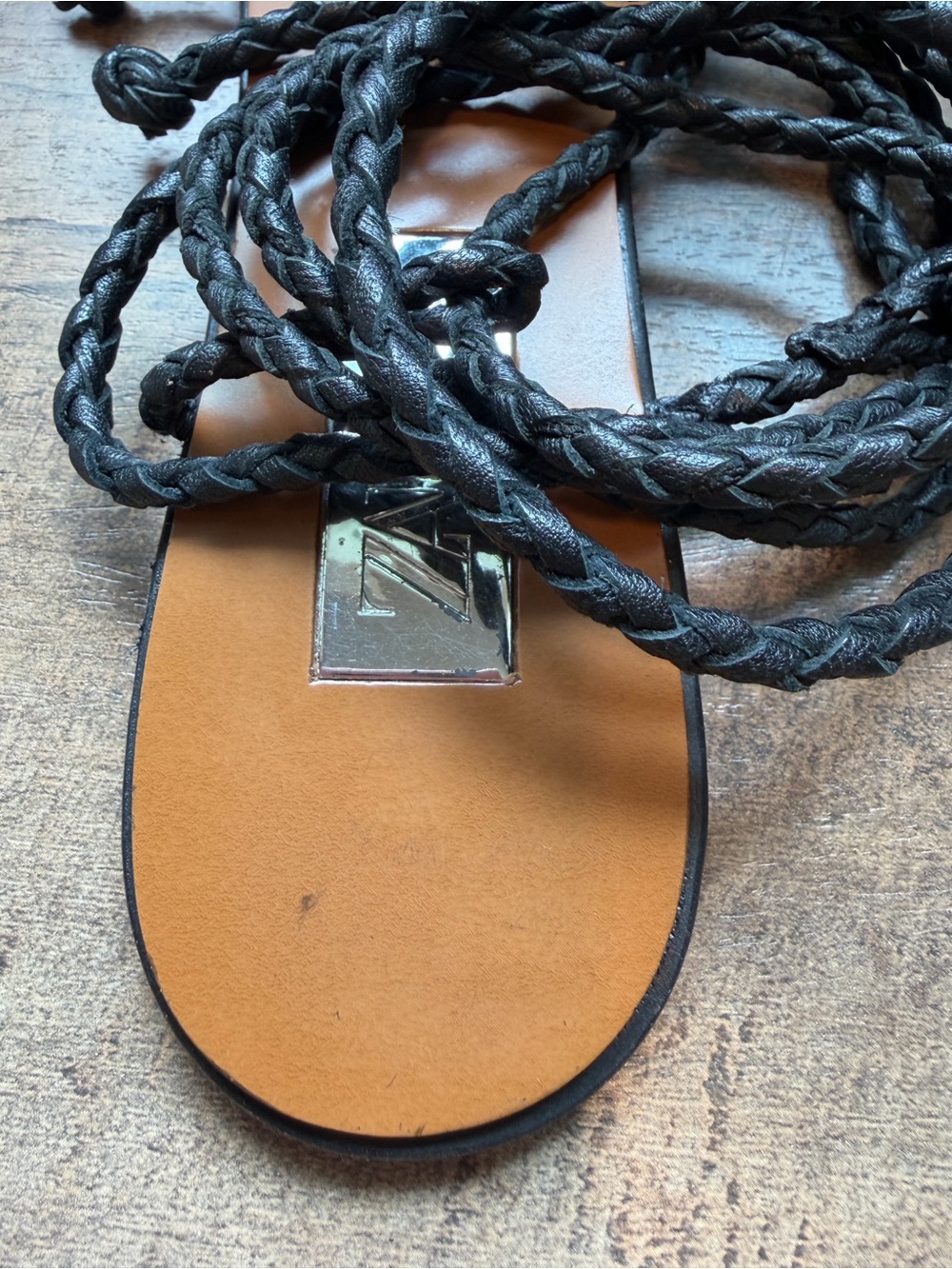 Zara Black Braided Lace-Up Sandals with Tan Footbed 38 - Picture 6 of 6